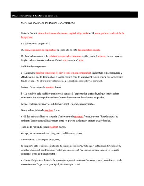 Modelé De Contrat Dapport De Fonds De Commerce Doc Pdf Page 1 Sur 3