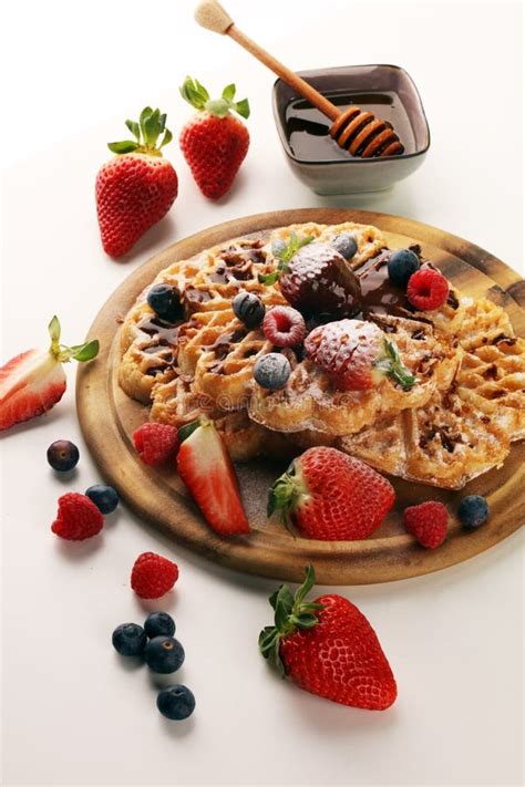 Waffle Traditional Belgian Waffles With Fresh Fruit And Powder Sugar