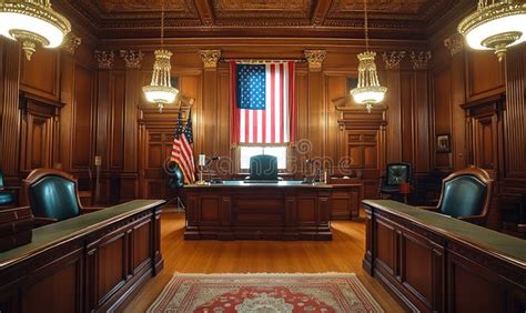 Elegant And Traditional Wooden Courtroom Interior With Judges Bench