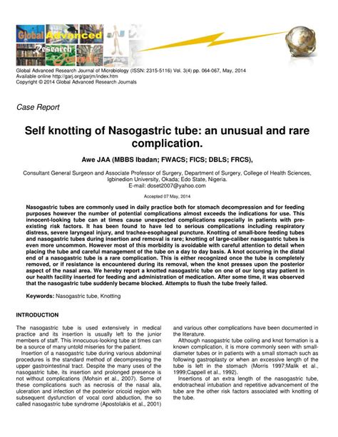 Self Knotting Of Nasogastric Tube An Unusual And Rare Complication