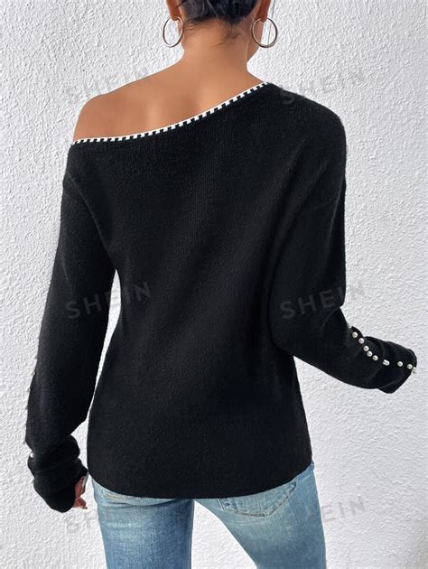 Shein Priv Pearls Beaded Asymmetrical Neck Jumper Shein Uk