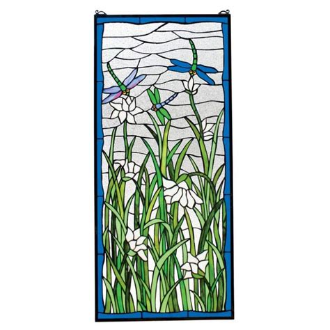 A Stained Glass Window With Flowers And Dragonflies In The Grass Against A White Background