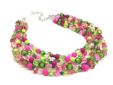 Pink And Green Chunky Statement Necklace Green Pink Beaded Etsy Pink