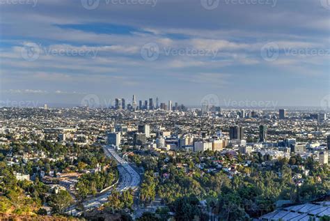 Downtown Los Angeles Skyline Over Blue Cloudy Sky In California From