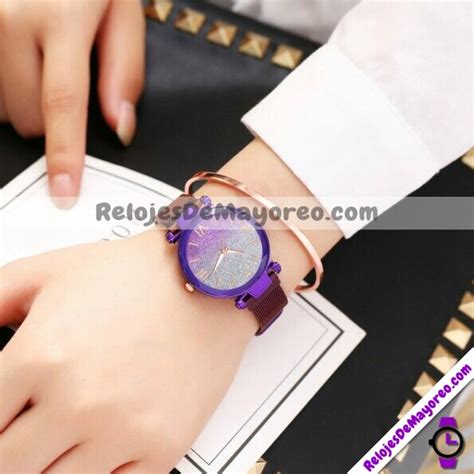 Reloj Números Romanos Morado Extensible Mesh Iman Destellos Degradado