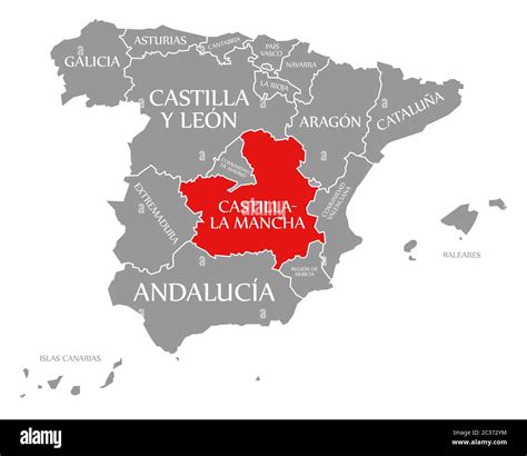 Castilla La Mancha Red Highlighted In Map Of Spain Stock Photo Alamy