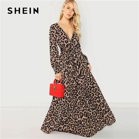 Shein Multicolor Party Sexy Surplice Neck Leopard Print Overlap Long