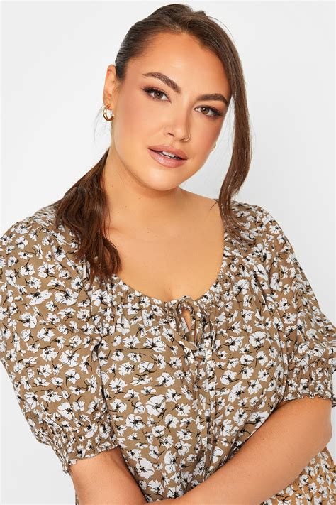 Yours Plus Size Beige Brown Floral Print Tie Front Top Yours Clothing