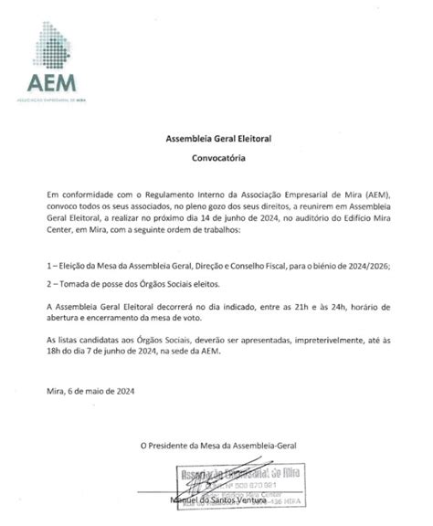 Convocat Ria Para Assembleia Geral Eleitoral Da Aem Miraonline