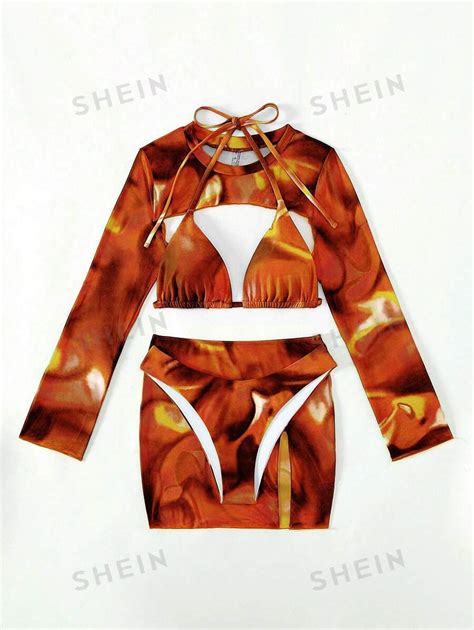 SHEIN Swim Event Tie Dye Halter Triangle Bikini Swimsuit With Cover Up