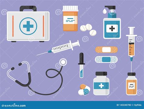 First Aid Kit Stethoscope And Syringe Vial Of Medicine And Pills