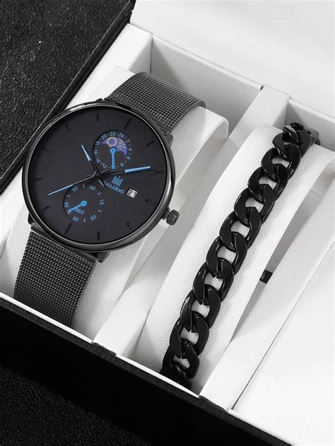 Pc Men Round Pointer Date Quartz Watch Pc Bracelet Quartz Watch