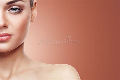 Woman With Nude Make Up On Brown Background Stock Image Image Of Cute Close