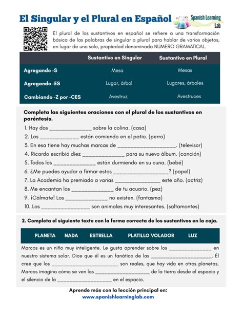 Singular And Plural Nouns In Spanish Pdf Worksheet Spanish Learning Lab