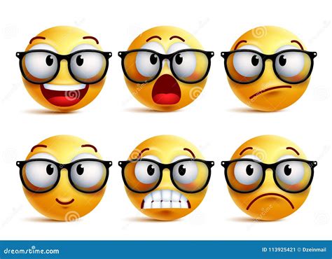 Smiley Face Vector Set Of Yellow Nerd Emoticons With Eyeglasses Stock