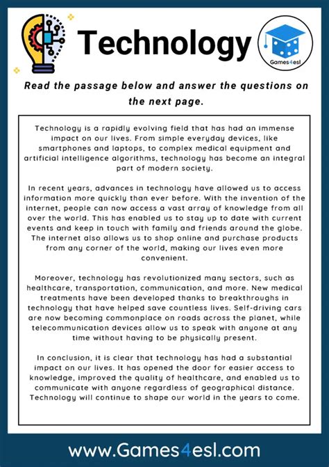 Technology Reading Comprehension Worksheet Games Esl