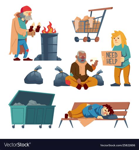 Homeless Beggars Cartoon Characters Set Royalty Free Vector