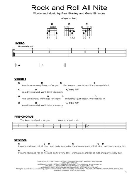 Rock And Roll All Nite By KISS Sheet Music For Really Easy Guitar At