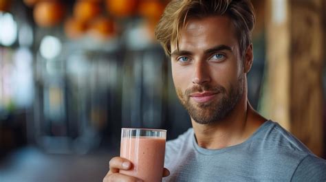 Premium Photo A Handsome Athleticlooking Man Is Holding A Glass Of Smoothie In His Hand