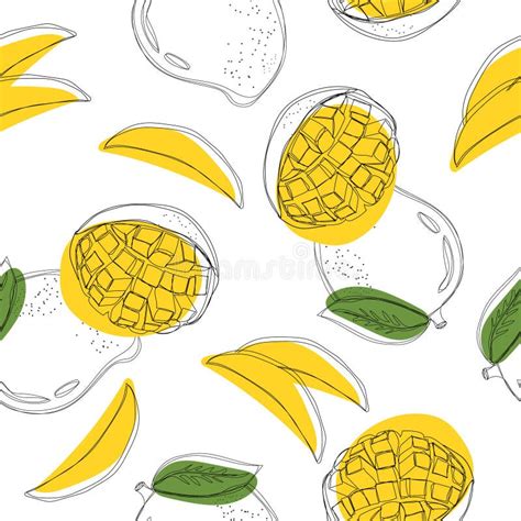 Mango Seamless Pattern Continuous Line Hand Drawn Vector Illustration