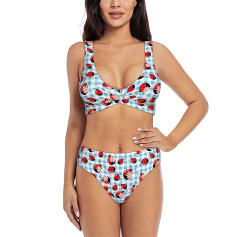 Ocsxa Flowers And Lady Bugs Pattern Women S Bikini Swimsuit Front Cross