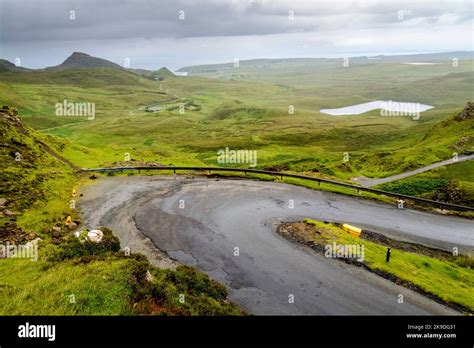 Mountain Road For Traffic Visiting The Quiraing Walking Trailamongst