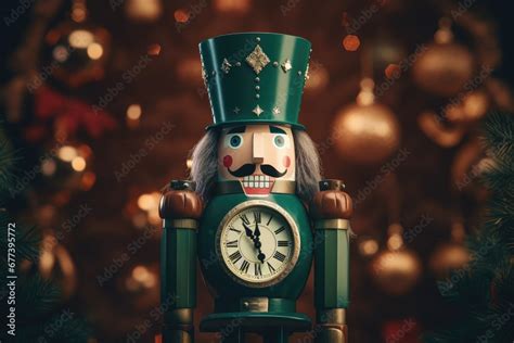 Antique traditional nutcracker doll on dark festive blurred background ...