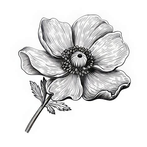 Revived Victorian Inspired Black And White Anemone Flower Illustration