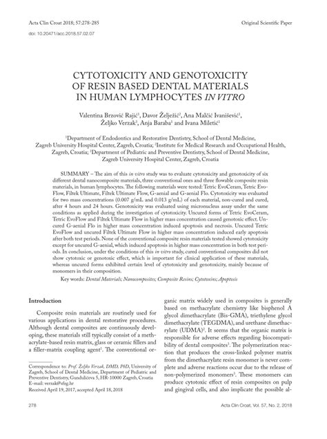 Pdf Cytotoxicity And Genotoxicity Of Resin Based Dental Materials In Human Lymphocytes In Vitro