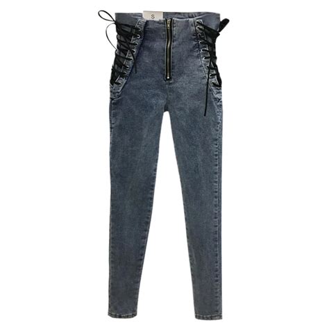 Zipper Side Lace Up Women Jeans Skinny High Waist Denim Pant Female