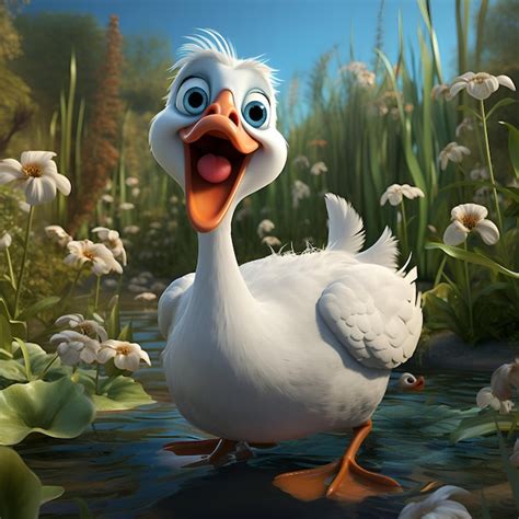 Premium Photo | White duck in the pond with flowers in the background 3d illustration