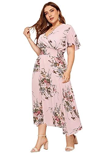 Milumia Women Plus Size Summer Floral Boho High Waist V Neck Maxi Dress