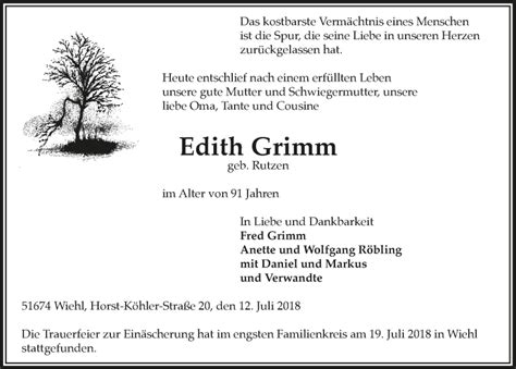 Traueranzeigen Von Edith Grimm Wirtrauern