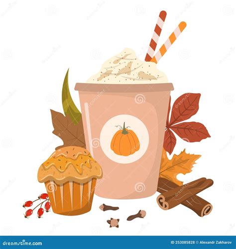 Pumpkin Spice Latte Cup With Cream Cupcake And Autumn Leaves Clipart