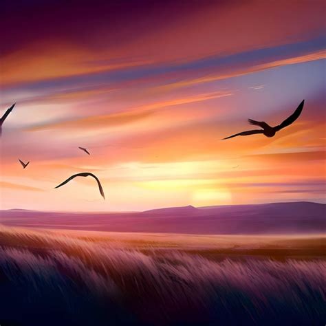 Premium AI Image | A painting of a sunset with birds flying in the sky.