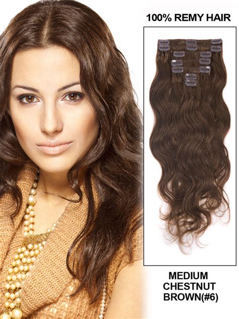 Medium Chestnut Brown Deluxe Body Wave Clip In Human Hair