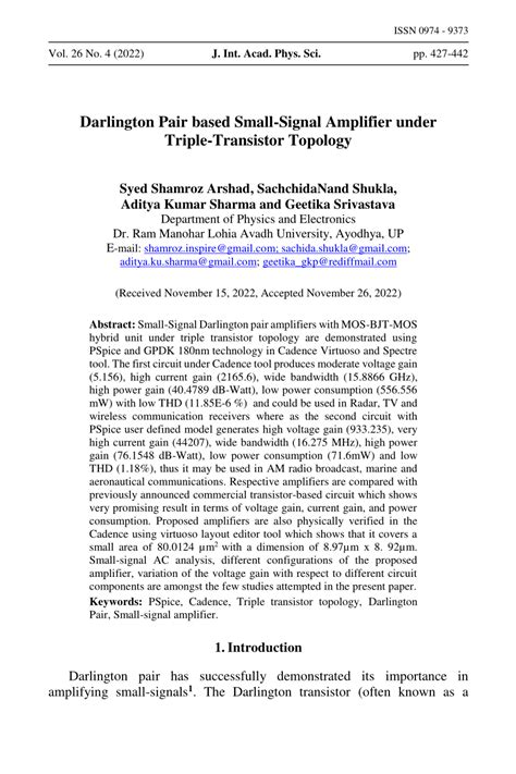 Pdf Darlington Pair Based Small Signal Amplifier Under Triple