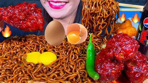 Asmr Black Bean Noodles Spicy Fried Chicken Egg Yolk Chili Massive