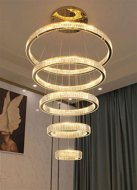 High Ceiling Crystals Rings Chandeliers For 5 Story Foyer And Stair Way
