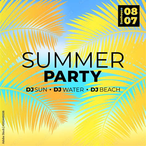 Tropical Summer Beach Party Poster Template With Palms And Sea