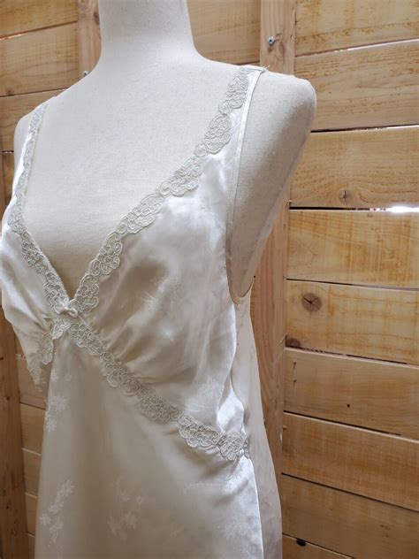 Vintage Lingerie White Silk Gown Lace Trim Sz M Gem