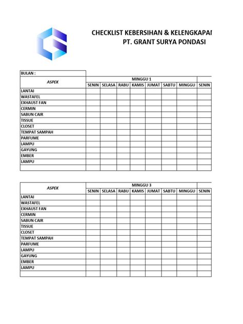 Form Checklist Kebersihan Kamar Mandi And Kelengkapan Toilet Pdf