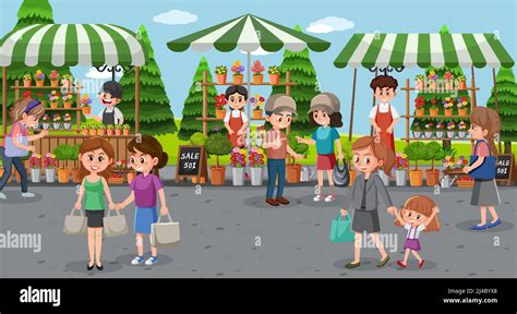 Flea market scene in cartoon style illustration Stock Vector Image ...