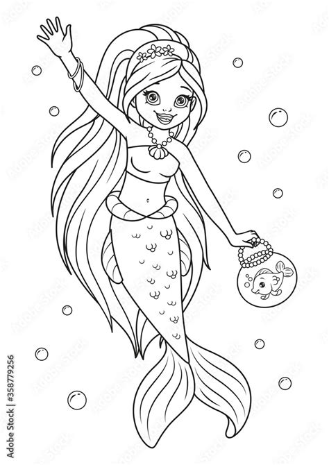 Mermaid with Fish Coloring Page Outline Cartoon Illustration Stock ...