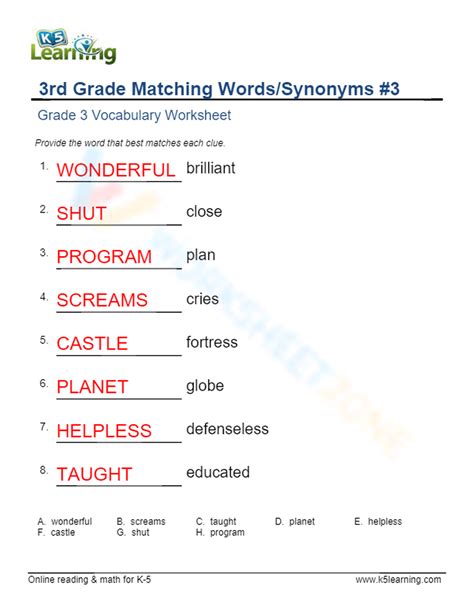 3rd Grade Matching Wordssynonyms 3 Worksheet Worksheets Library