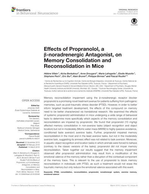 PDF Effects of Propranolol a β noradrenergic Antagonist on Memory