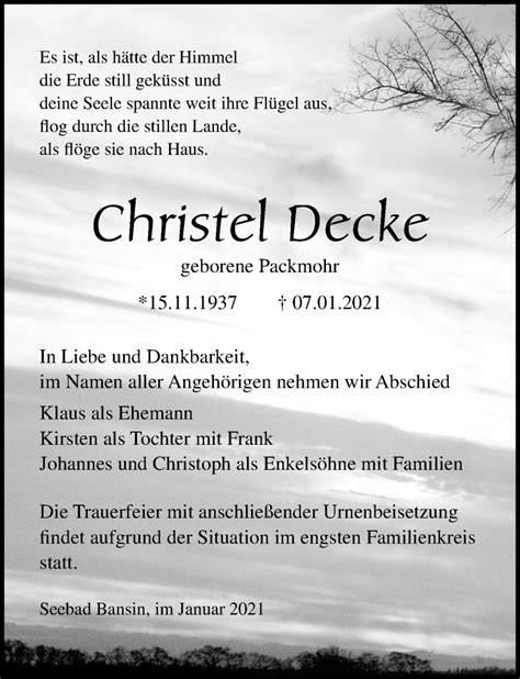 Traueranzeigen Von Christel Decke Trauer Anzeigen De