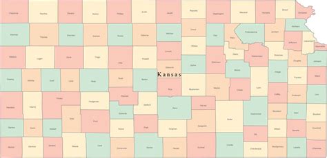 Multi Color Kansas Map With Counties And County Names