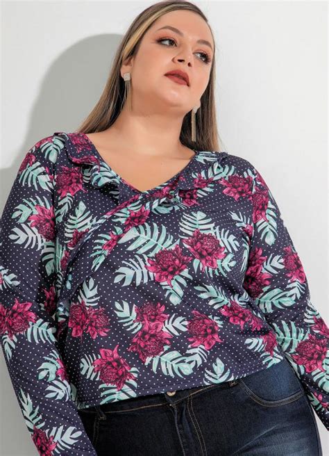 Blusa Floral E Po Mangas Plus Size Queima De Estoque