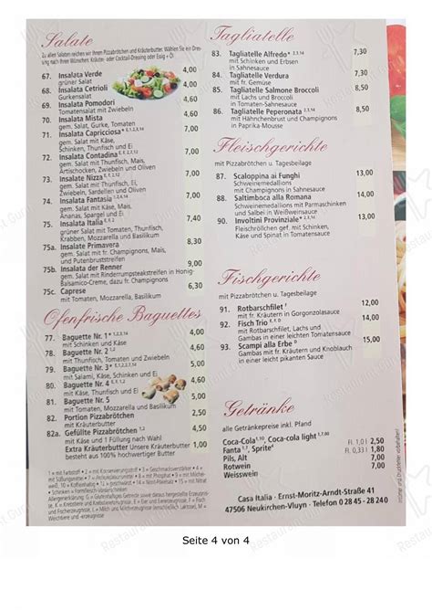 Speisekarte Von Casa Italia Pizzeria Nudelhaus Neukirchen Vluyn